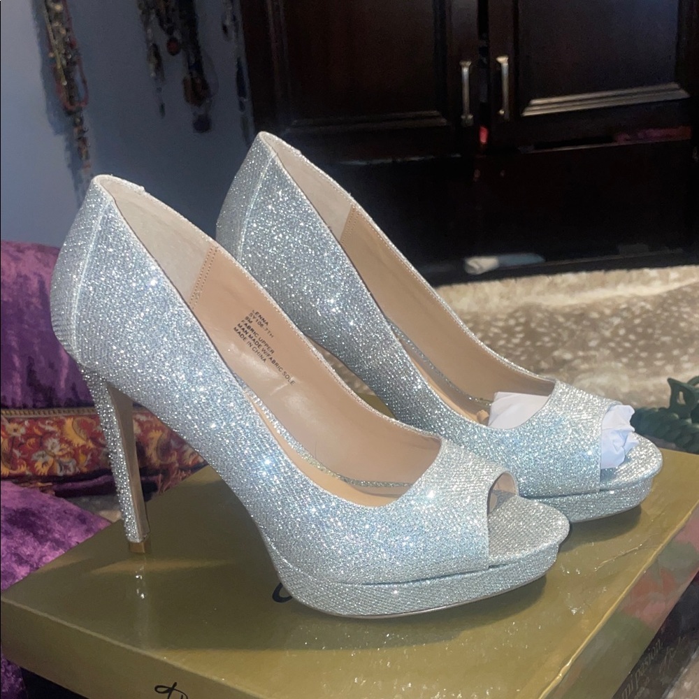 Thalia Sodi Glittering Silver Peep-Toe Heels Brand New in original box